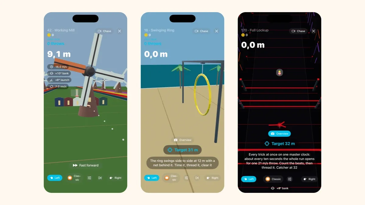 Three FlickDisc screenshots: a disc passing a windmill mid flight, a beach level fly-through, and the overview of a laser level