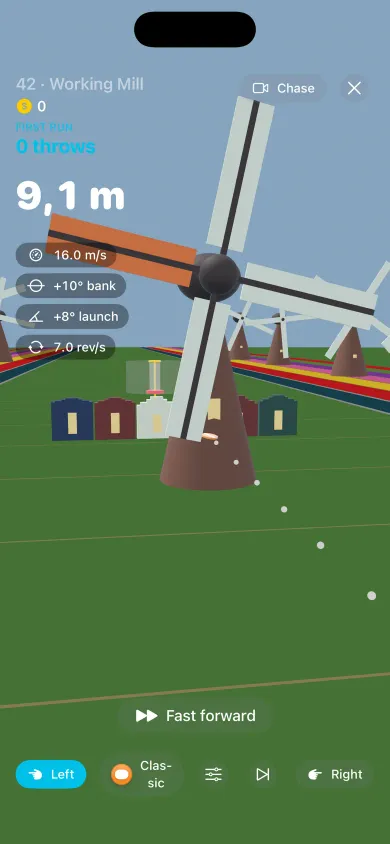 A disc flying past a turning windmill in the Holland world