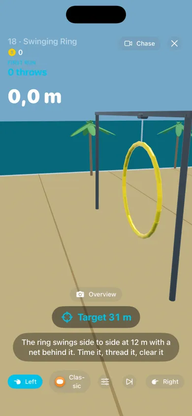 The intro camera flying over the beach level Swinging Ring before the first throw